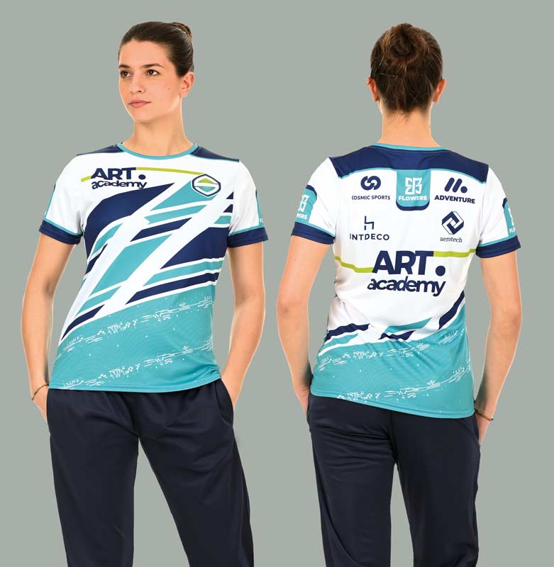 Completo beach volley femminile, modello donna realizzato in tessuto elastic polyester (88% poliestere - 12% elastan, 230 gr) con vestibilità slim, mostrato in vista frontale e posteriore.